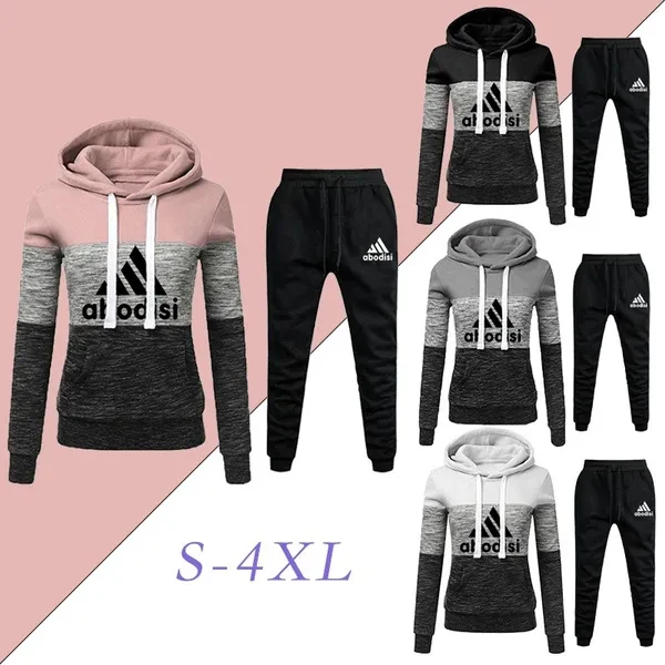 NEW Womens Printed Tracksuit Tri-color Hoodie and Pants Suits Casual Sportwear S-4XL