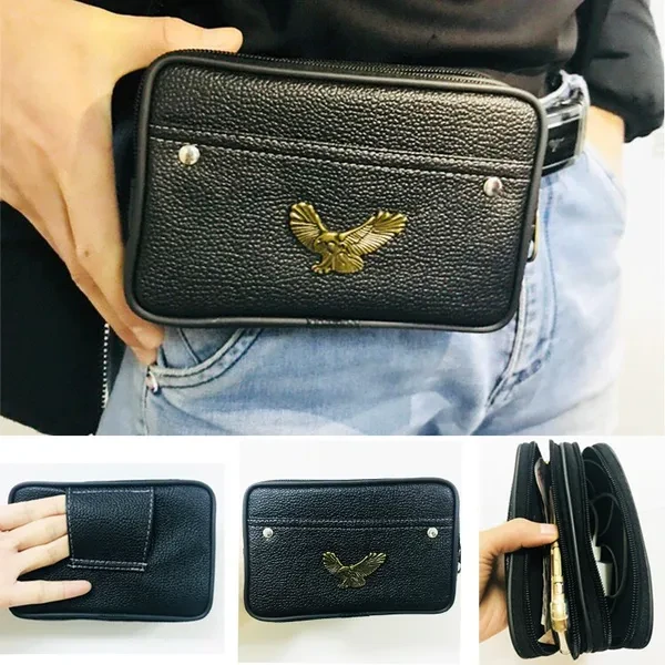 Men Fashion Fanny Pack Eagle Metal Mark Casual Wasit Pack Mobile Phone Bag Black Brown Wallet