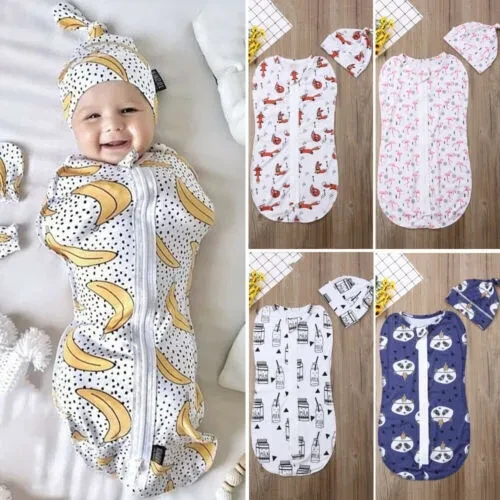 Newborn Baby Swaddle Blanket Animal Printed Baby Sleeping Bag + Hat 0-6 Months
