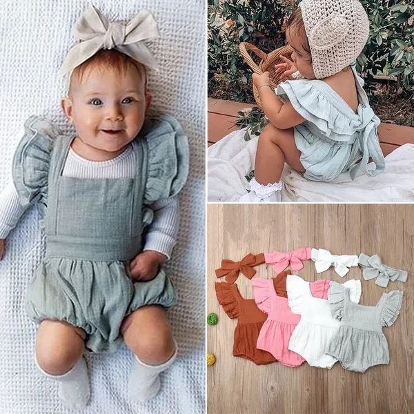 Newborn Baby Boy Girl Ruffle Romper Jumpsuit Overall Headband Outfits 2PCS Clothes Set 0-18M