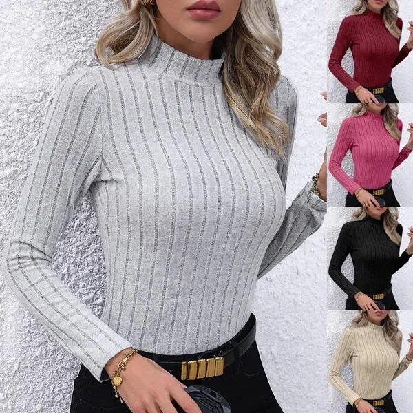 Women's Autumn Winter High Collar Long Sleeve Kniited Blouses Fashion Pit Strip Slimming Blouses Ladies Sexy Tops