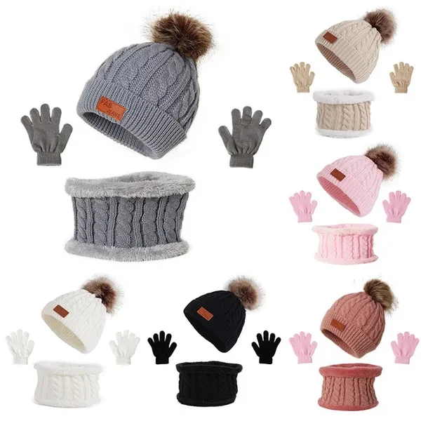 3 Pcs Winter Warm Baby Solid Color Hat Gloves Scarf Set Fur Ball Beanies Cap Mitten Scarves Kit for Toddler Girls Boys Knitted Hemming Hat CAX