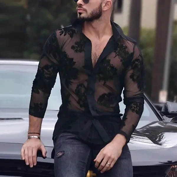 S-5XL Mens Fashion Black Shirts Summer See-through Tops Long-sleeved Mesh Shirt