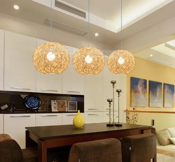 Nordic Minimalist Light Fixtures Rustic Lighting Rattan Lamp LED Hanging Light Rattan Pendant Light for Villa Cottage Home Rattan Ball Light