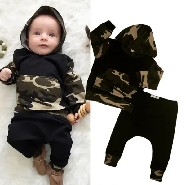 Newborn Toddler Baby Boys Camo Hooded Tops Long Pants 2Pcs Outfits Set Clothes