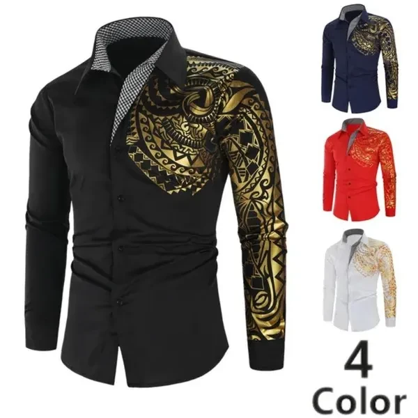 New Slim Fit Fashion Gold Totem Print Summer Long Sleeve Shirt Men's Fashion Men's Wear