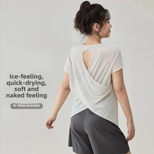 Women's Yoga Top – Breathable Backless Sports Tee, Plus Size Activewear for Pilates, Running, and Fitness Training