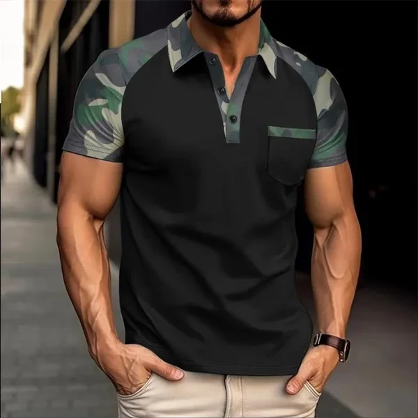 Men Summer Polo Shirts Lapel Button Polo Shirts Fashion Camouflage Patchwork Tshirts with Pocket for Men 4 Colors