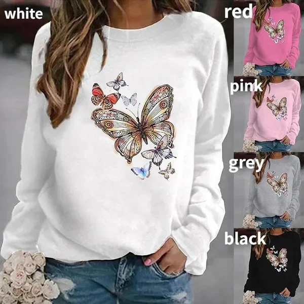 Popular Butterfly Printing Hoodless Sweatshirts For Women Autumn Winter Fashion Casual Solid Color Ladies O Neck Sweater