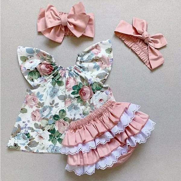 3PCS Toddler Kids Baby Girl Floral Tops PP Shorts Headband Outfit Clothes Set Summer