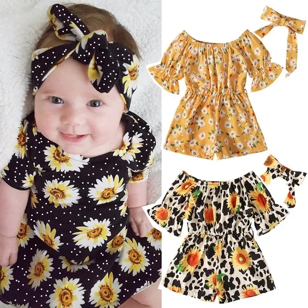 2Pcs Baby Girl Summer Outfit Short Sleeve Sunflower Printed Romper with Headband Clothes Set for 6 months-4 Years