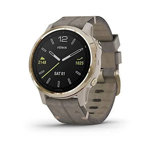 Garmin Fenix 6S Sapphire, Premium Multisport GPS Watch, Smaller-Sized, Features Mapping, Music, Grade-Adjusted Pace Guidance and Pulse Ox Sensors, Light Gold with Gray Leather Band