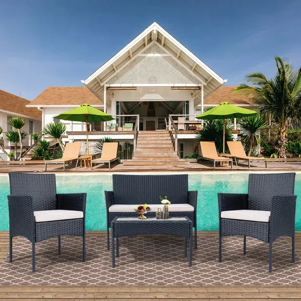 4 PCS Garden Furniture Set Conservatory Patio Outdoor Table Chairs Wicker Sofa