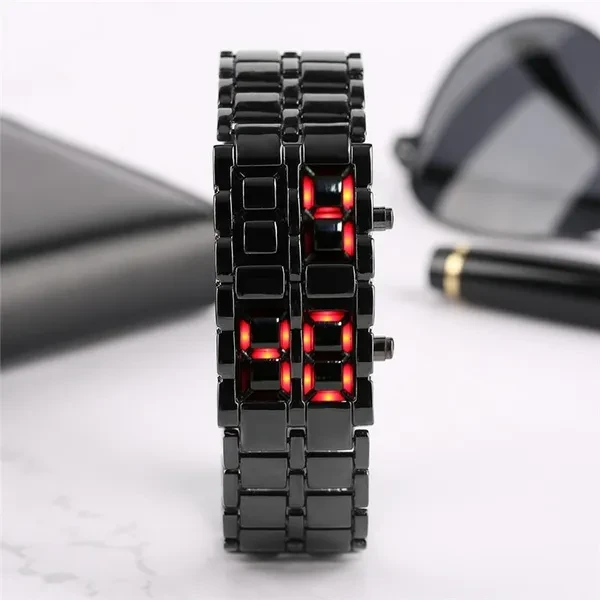 Unique Fashion Full Metal Digital Lava Wrist Watch Iron Metal RedBlue LED Samurai for Men Boy Sport Simple Watches