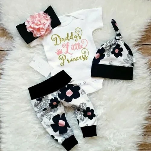 4PCS Newborn Infant Baby Girl Tops Romper Floral Pants Headband Outfits Set Clothes