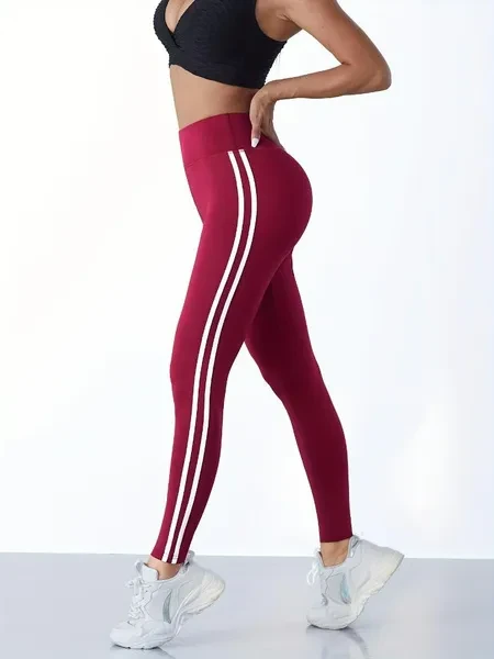 Women'S High Waist Side Striped Yoga Pants, Breathable Sweat-Wicking Sports Leggings for Outdoor Running, Indoor Fitness & Yoga, Butt Lifting Tummy Control, Polyester 92% Elastane 8%, All-Season Knit