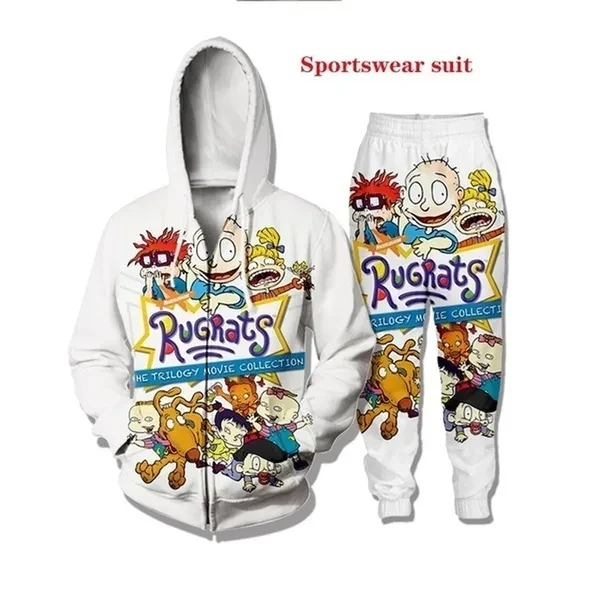 New Sports Suit Cartoon 90's Rugrats Men's and Women's Set of Casual Street Fashion Zip Hoodie and Jogging Pants