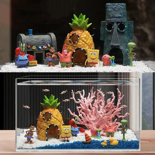 Mini SpongeBob & Squidward House Style Pineapple Cartoon House Dolls Home Fish Tank Aquarium Ornament Decorations with Escape Hole