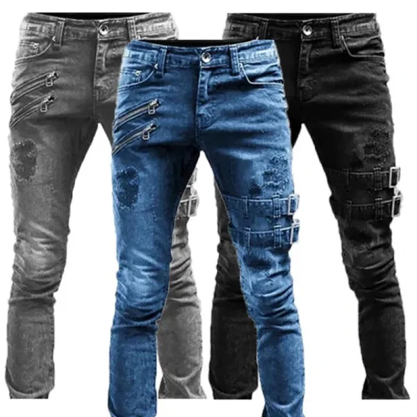 Men's Moto Biker Jeans Distressed Ripped Skinny Slim Fit Denim Pants with Zippers