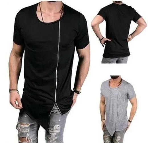 Hot Men S Fashion Irregular Short-sleeved T-shirt Slim Zipper Big Neck T-shirt Casual Summer Solid Color