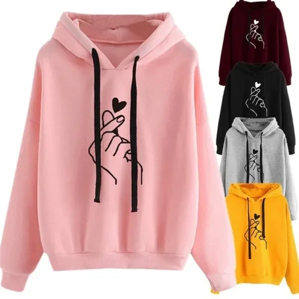 2023 Autumn Winter Women Casual Hoodies Sweatshirts BTS Printed Heart Long Sleeve Solid Color Hoodies Sweatshirt Tops Pullover Women