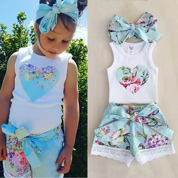 Toddler Infant Kids Baby Girls Floral T-shirt Vest Tops + Lace Shorts Pants Outfits Clothes Set 1-4 Years