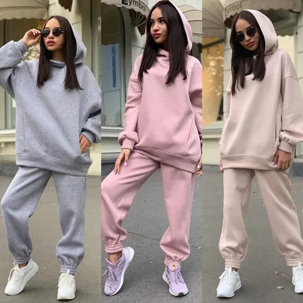 Spring Women Solid Hooded Sweater Casual Sports Two Piece Set for Women Outer Sport Running Set